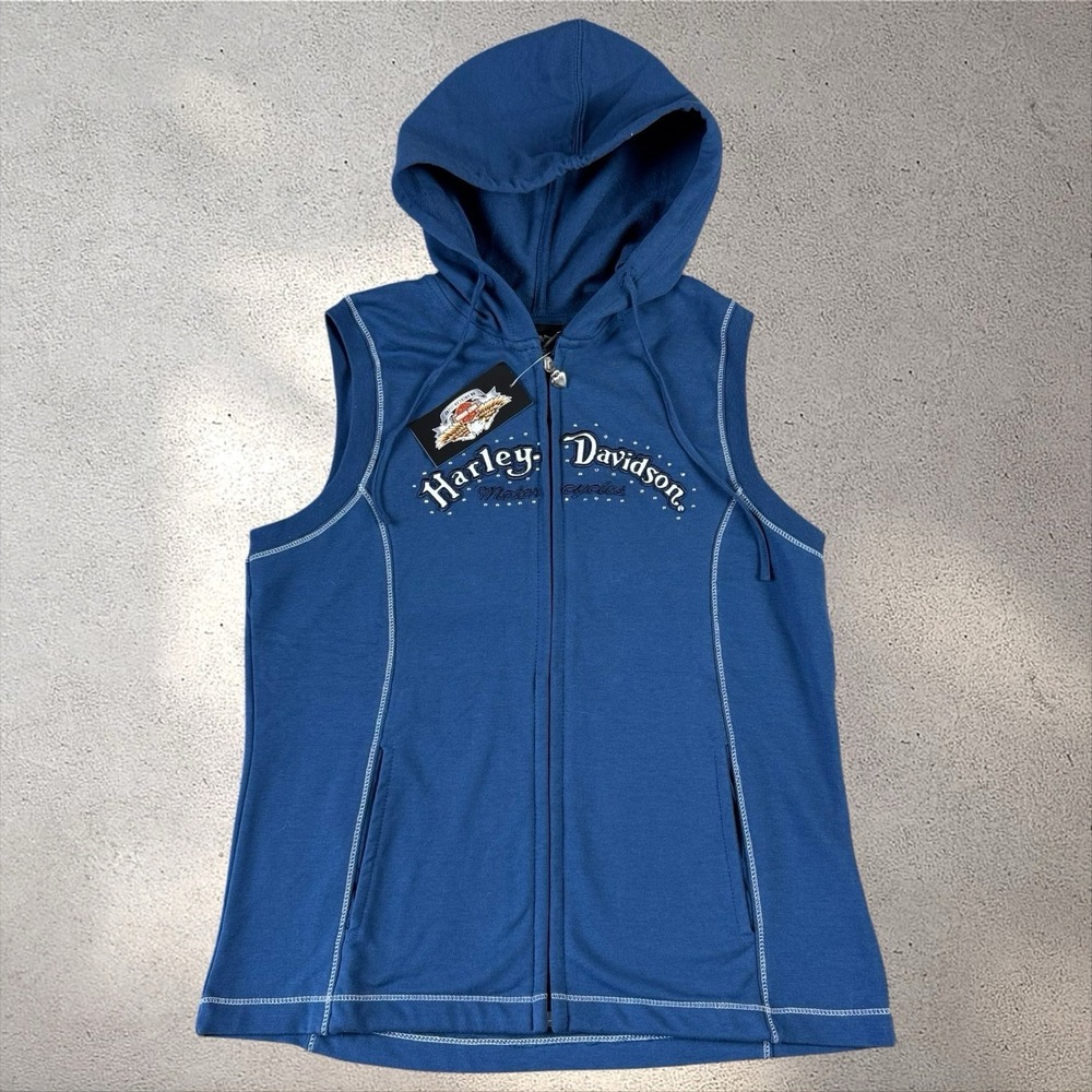 NWT Harley Davidson Studded Sleeveless Hooded Zip Up Vest Jacket Y2K Spell Out L
